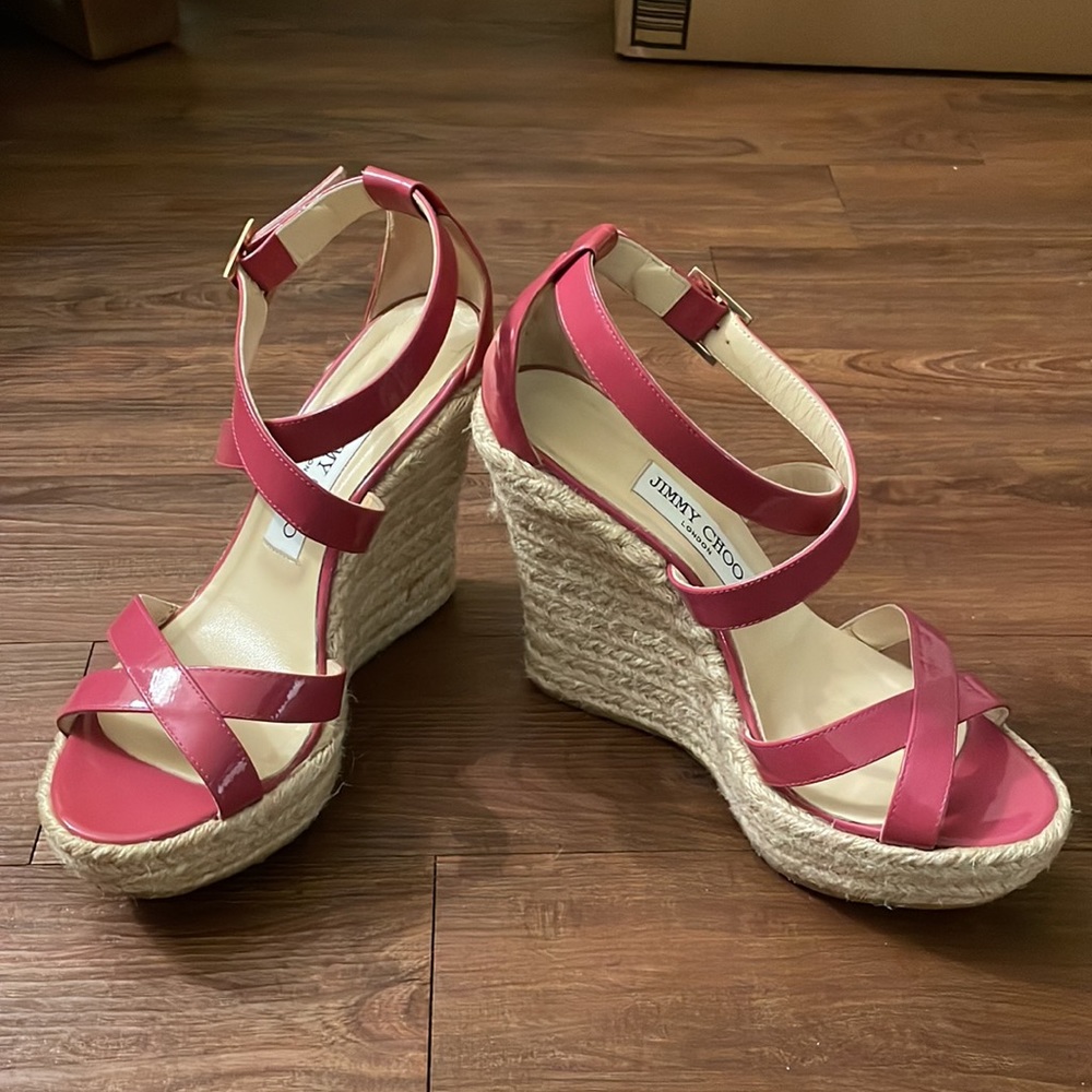 Jimmy Choo Porto Patent Espadrille Wedge, Pink